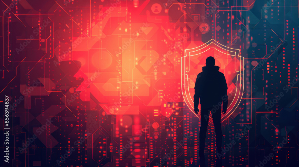 Poster silhouette of a hacker standing against a glowing red security shield, representing cybersecurity an
