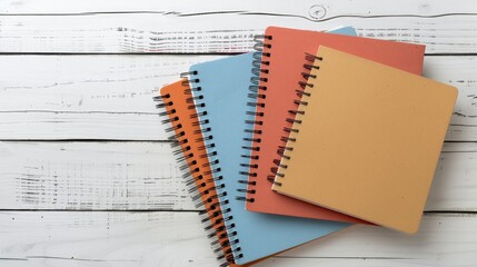 Spiral bound notebooks on a white wood desk with copy space Educational concept