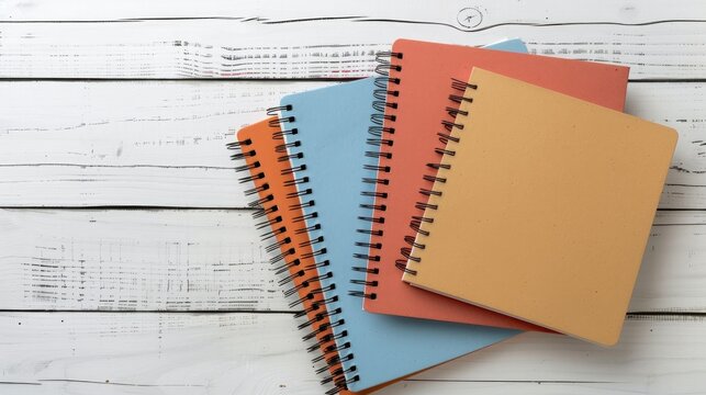 Spiral bound notebooks on a white wood desk with copy space Educational concept