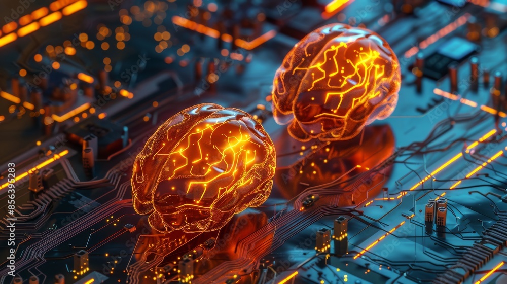 Poster concept of big data and stock. human brain glows from processor, symbolizing the fusion of human int