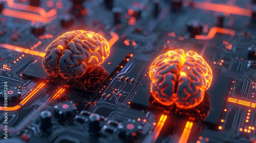 Poster human brain glowing from processor, symbolizing the fusion of human intelligence and machine learnin