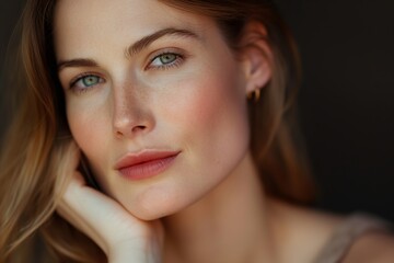 Portrait of a woman with green eyes and freckles resting her hand on her face, looking serene.