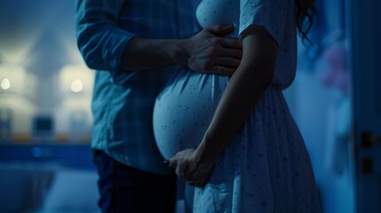A pregnant woman stands during a routine prenatal visit with an obstetrician-gynecologist (OBGYN), who gently palpates her abdomen to check the baby's health.