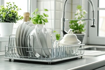 Drainer with different clean dishware on white table