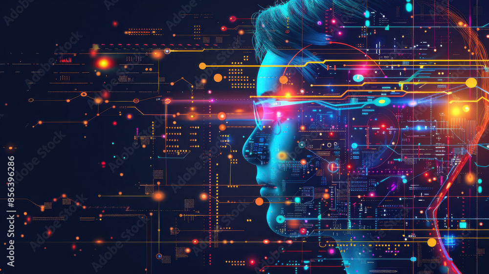 Poster abstract digital concept art featuring a human profile with futuristic ai and technology elements on