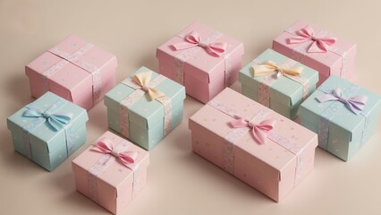 Fototapeta premium Cute gift boxes with bows, watercolor illustrations, pastel colors.