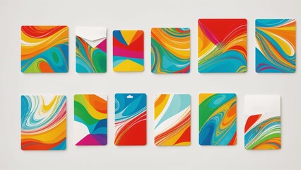 Colorful gift cards with envelopes, abstract designs, isolated on white.