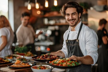 Smiling chef holding dishes in a bustling restaurant kitchen, showcasing gourmet meals.