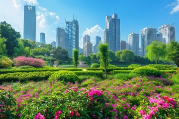 Obraz premium A breathtaking view of a modern city skyline with lush greenery and flowers in the foreground