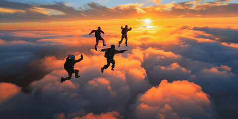 Skydivers form silhouette against sunset clouds