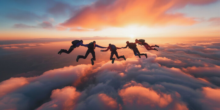 Skydiving group formation at sunset