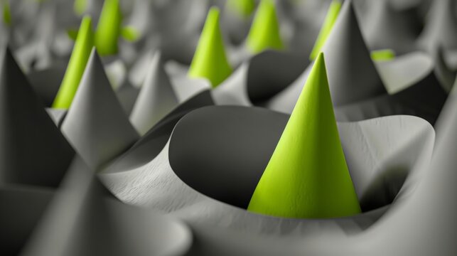 A pop of neon green amidst a sea of greyscale cones adds a playful and unexpected element to the composition.