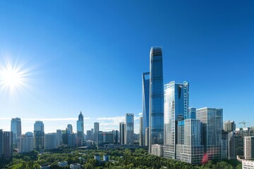 Obraz premium panoramic view of a modern city skyline under a clear blue sky