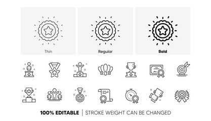 Goal target, certificate, winner cup. Success line icons set. Reward, medal with ribbon, crown icons. Award, winner podium, first place success. Statue, diploma with certificate, challenge. Vector