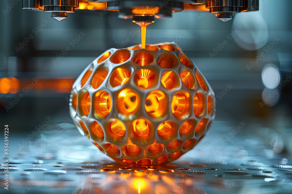 Poster a 3d printer creating a complex geometric structure. concept of advanced manufacturing and prototypi