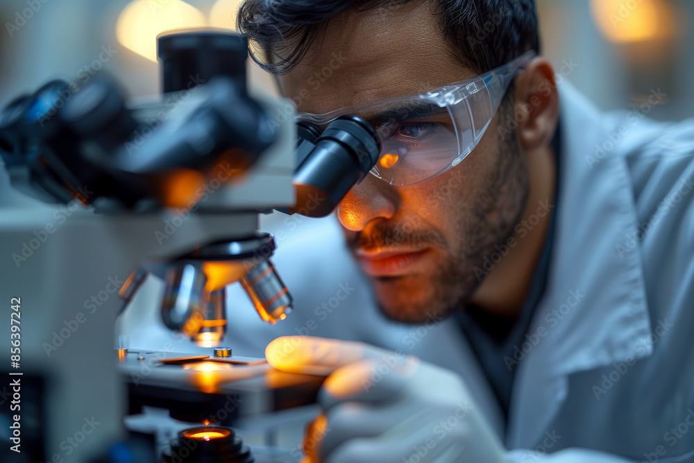 Poster a scientist examining a sample with a high-tech microscope. concept of cutting-edge medical research