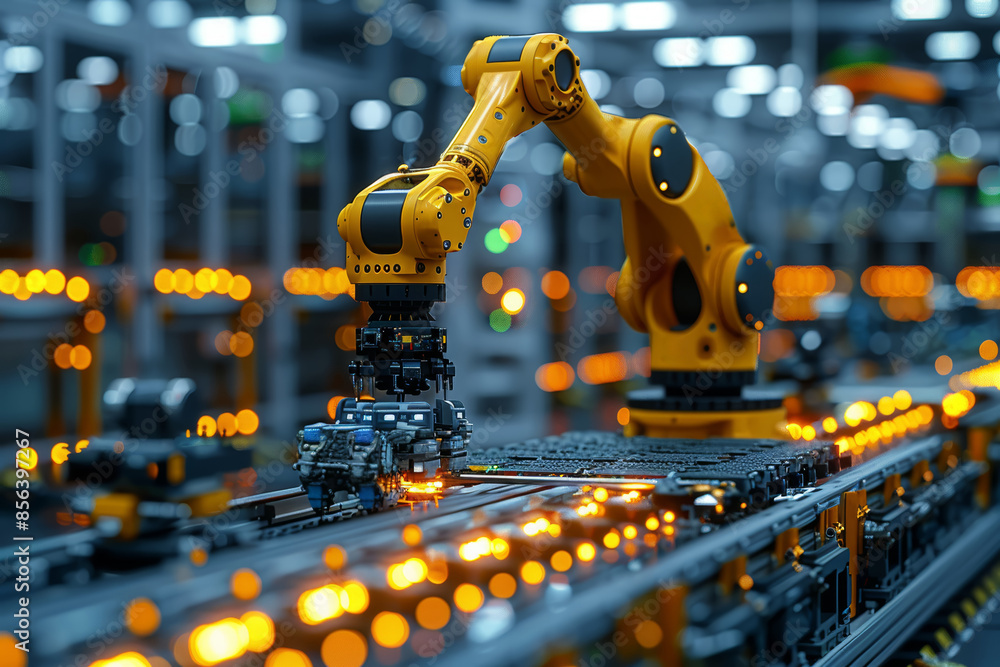 Poster a robotic arm assembling components on a production line. concept of industrial automation and effic