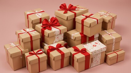 Obraz premium Cute gift boxes with bows, holiday patterns, on a solid color background.