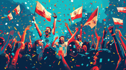 Fans celebrating with flags at a sports event, creating a lively and colorful atmosphere with confetti and excitement.