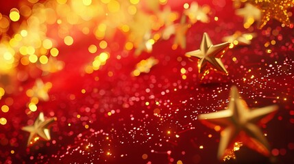 A vibrant scene featuring golden stars against a dynamic red background