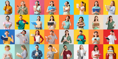Collage of many people listening to audiobooks on color background