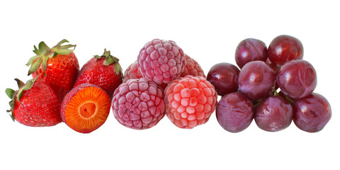 A mix of fresh strawberries, raspberries, and purple grapes, isolated on a white background. Ideal for healthy snacks and fruit-focused designs.