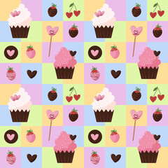 Pattern with squares in patchwork style. Chocolate covered strawberries and Sweet cupcakes and chocolate covered strawberries. Sweets for Valentines Day and Birthday. Vector illustration