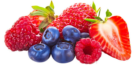 Close-up of a mix of strawberries, raspberries, and blueberries, isolated on an isolated white background. Ideal for healthy snacks and fruit-focused designs.