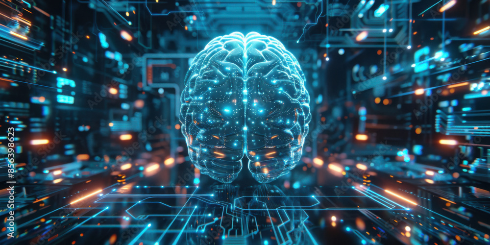 Poster highly detailed digital representation of a brain with a glowing neural network, depicting advanced 