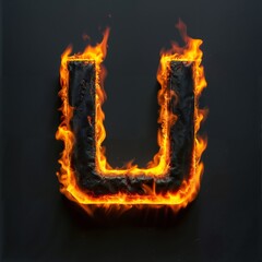 Fire letter U on black background, flames