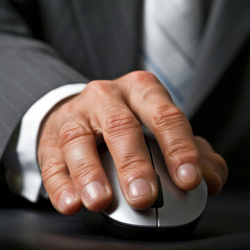 The hand of a business man using a computer's mouse