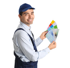 Male painter with color palettes on white background