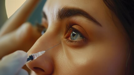 Eye filler being injected into a tear trough at a medical spa for cosmetic improvement