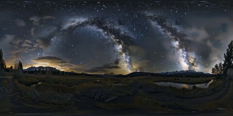 Fototapeta premium equirectangular 180 photo of a night sky, a national geographic photo, panoramic scale, wide angle with lots of detail 
