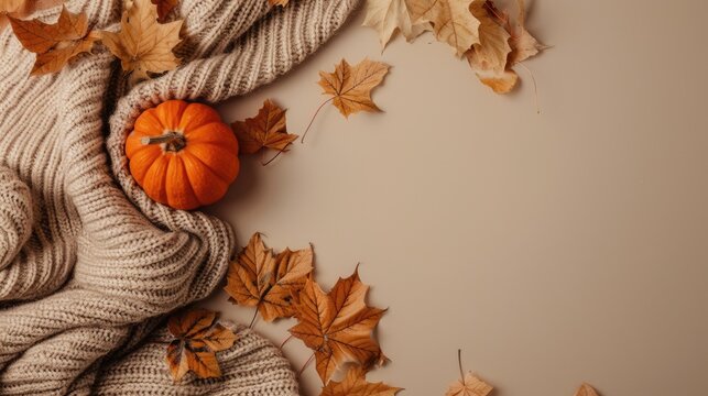 Autumn themed flat lay with pumpkin knit blanket leaves on beige background Minimal autumn concept