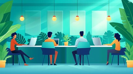 A group of people working on laptops in a modern office with large windows and tropical plants.