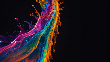 colorful splash of liquid paint colors on black background copyspace