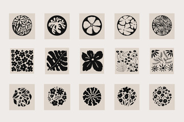 Abstract groovy floral square and round posters. Modern trendy Matisse minimal style. Hand drawn retro design for wallpaper, wall decor, print, postcards, covers, and banners. Black and beige colors