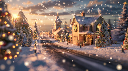 Fototapeta premium A picturesque winter scene of a small town at Christmas. Snow falls gently as the setting sun casts a warm glow over the snow-covered streets and houses