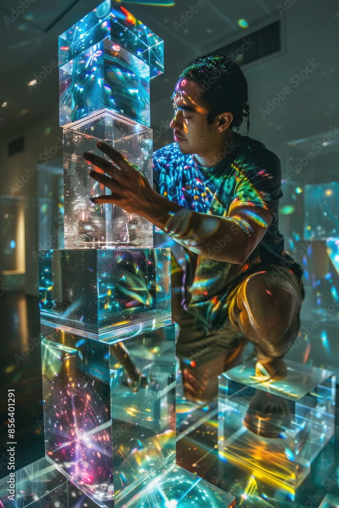 Poster a man stands near a towering structure of glass cubes, each reflecting light and casting colorful pa