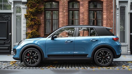 Obraz premium A 3D rendering of a compact city crossover in blue on a white background.