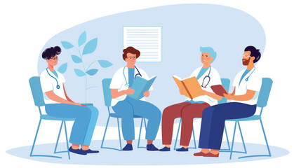 Four doctors in white coats and stethoscopes are studying in a waiting room, reading textbooks to prepare for an exam or professional development