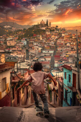 A young boy on a skateboard rides down a steep hill in a cityscape at sunset, with the silhouette of a church in the distance