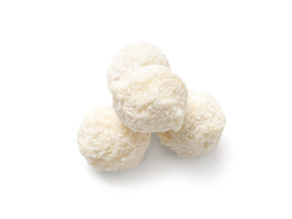 Delicious chocolate candies with coconut topping isolated on white background