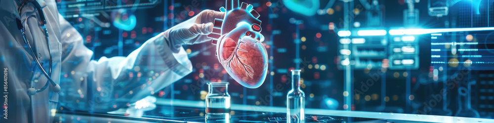 Poster a doctor in a white coat uses vr to study a 3d model of the heart, enabling detailed analysis of its