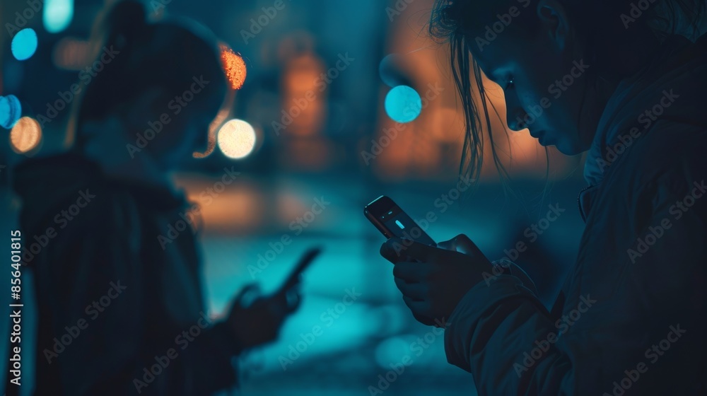 Poster blurry shapes enveloped in dim light illuminated only by the glow of their phones as they use it to 
