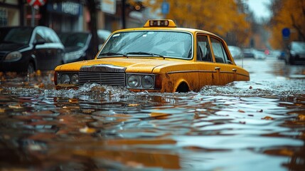 Fototapeta premium An illustration of a car submerged in high water with the text When flooded, turn around to avoid drowning, mounted on a yellow background