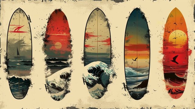 This set of vintage surfing graphics and emblems is suitable for use on the web or on the printed page. Logo design for surfers, beach style logos. Surf Badge with surfboard seal, elements, symbols.