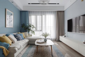 Fototapeta premium 15 square meters of simple style decoration, decoration requirements: the main color is pure white, the auxiliary color is light blue, including space: living room 