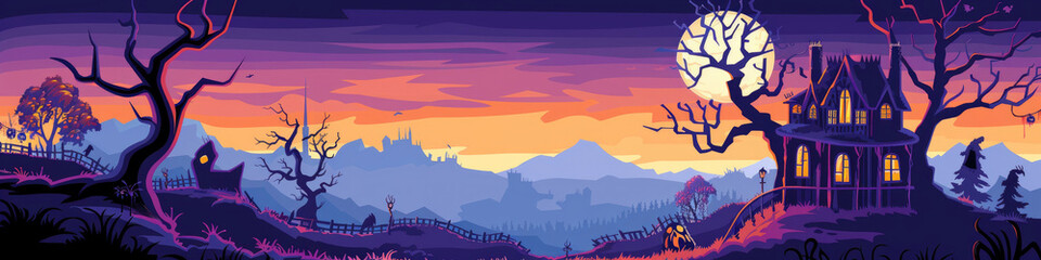 Fototapeta premium A spooky silhouette of a haunted house stands in front of a full moon at sunset